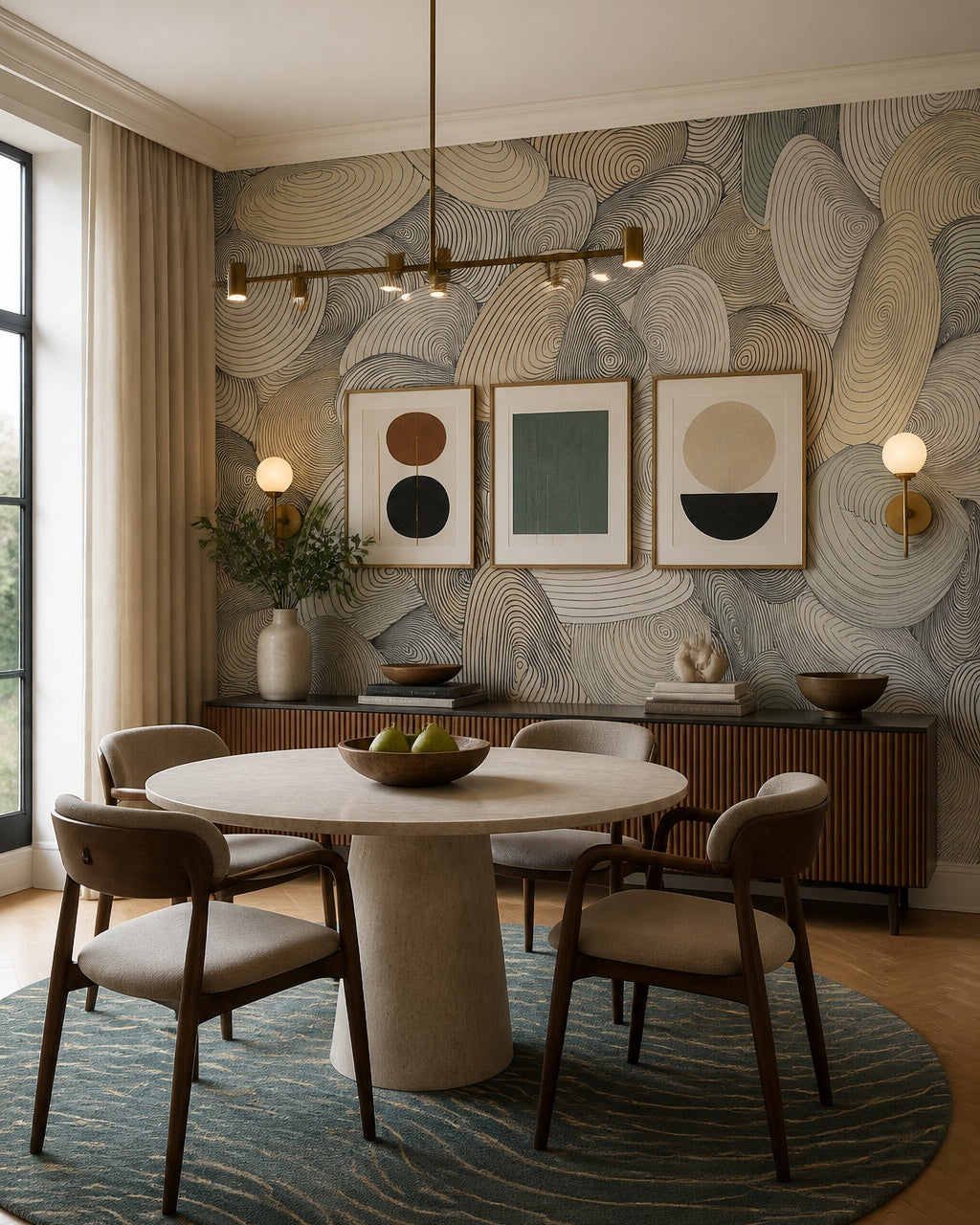 Organic swirl shapes wallpaper in a refined dining area.