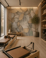 Organic swirl shapes wallpaper in a fitness studio.