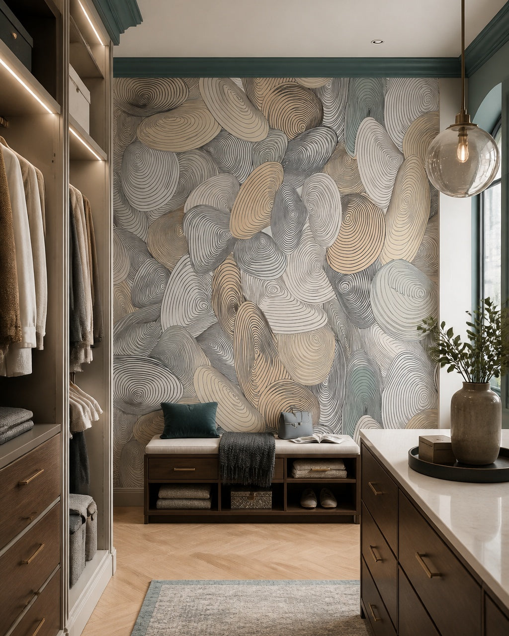 Organic swirl shapes wallpaper in a dressing room.