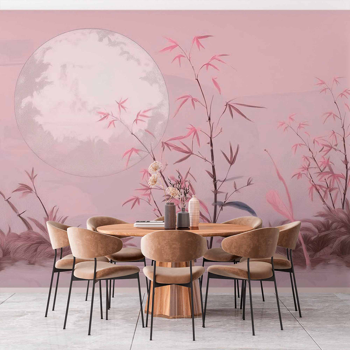 Papier peint bambou rose et lune – Papier peint panoramique nuit au jardin zen