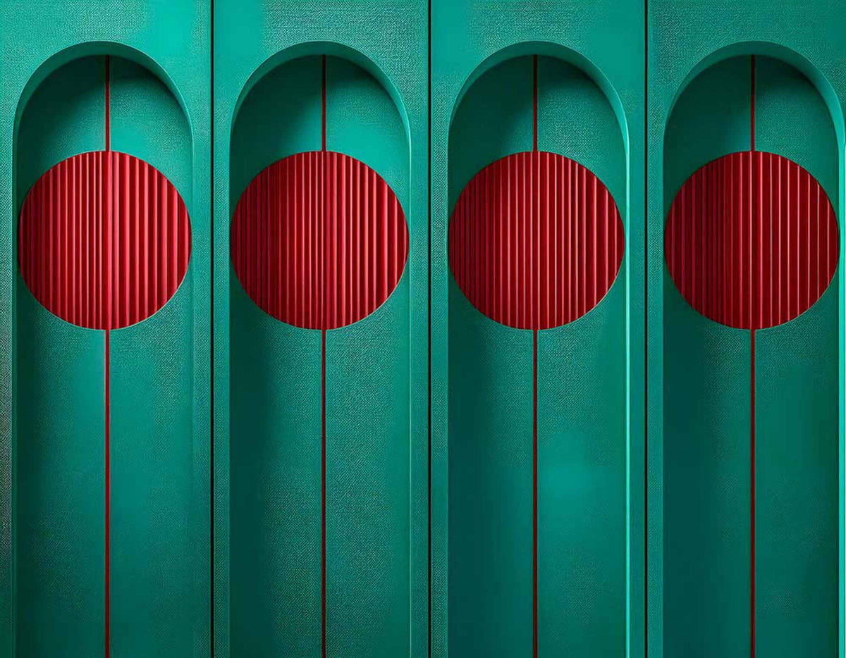 Fototapete Petrolfarbene Bogen mit roten Kreisen – Modern geometrisch