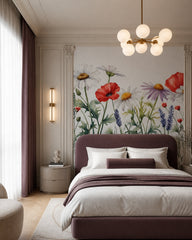 Watercolor wildflowers wallpaper in a designer bedroom.