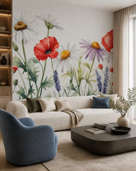 Watercolor wildflowers wallpaper in a designer living room.