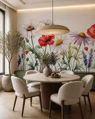 Watercolor wildflowers wallpaper in a refined dining area.
