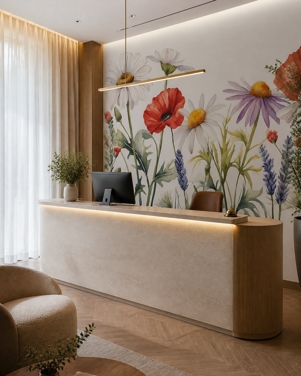 Watercolor wildflowers wallpaper at a hotel reception desk.
