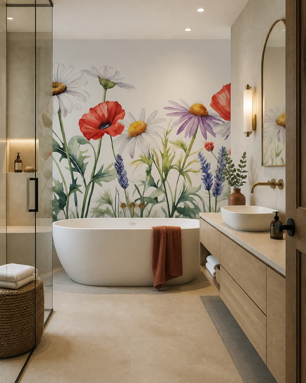Watercolor wildflowers wallpaper in a luxury bathroom.
