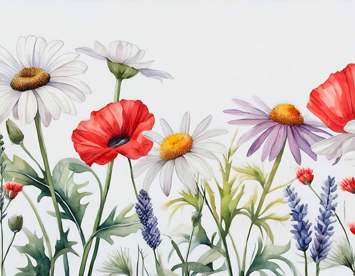 Papier peint fleurs sauvages à l’aquarelle – Papier peint panoramique coquelicots, marguerites et lavande