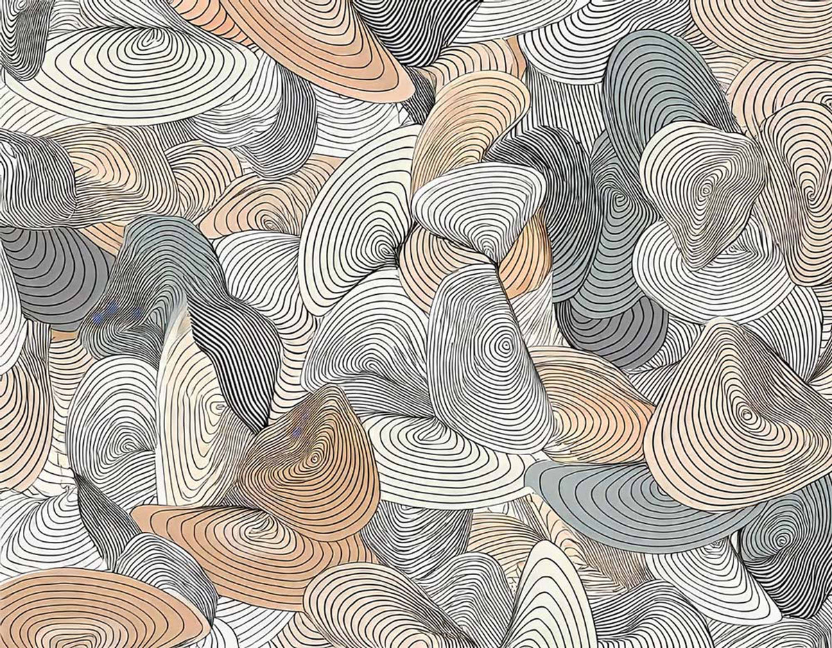 Papier peint courbes dynamiques – Papier peint panoramique formes de lignes abstraites grises et pêche