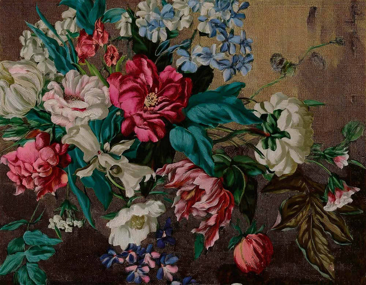 Fototapete Vintage-Blumenstrauß – Rote Pfingstrosen auf Dunkelbraun