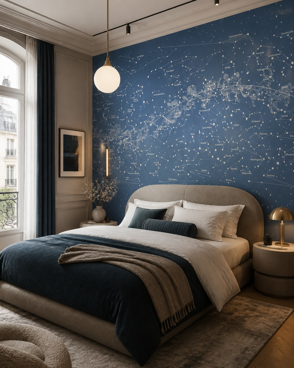 Star constellations wallpaper in a designer bedroom.