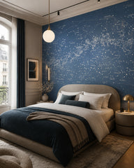 Star constellations wallpaper in a designer bedroom.