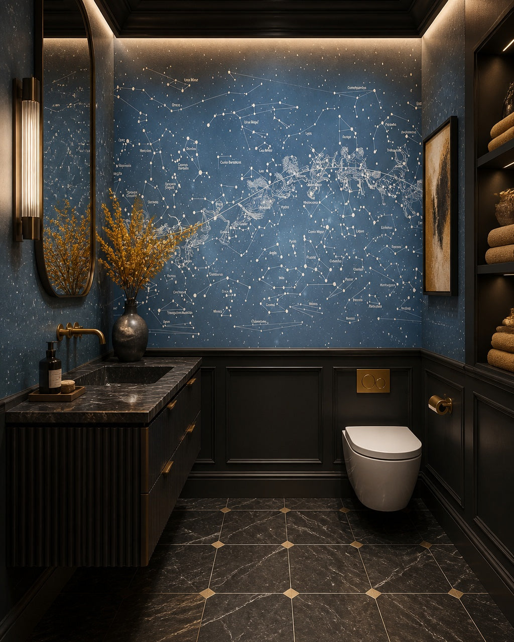 Star constellations wallpaper in a luxury bathroom.