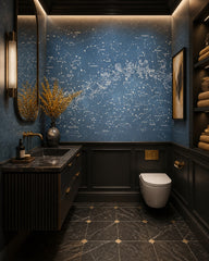 Star constellations wallpaper in a luxury bathroom.