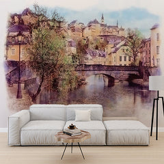 Custom Watercolor Old City Painting of a Stone Bridge Over a River Wallpaper Mural