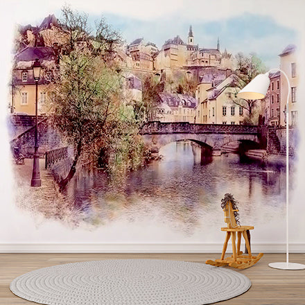 Custom Watercolor Old City Painting of a Stone Bridge Over a River Wallpaper Mural