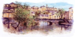 Custom Watercolor Old City Painting of a Stone Bridge Over a River Wallpaper Mural