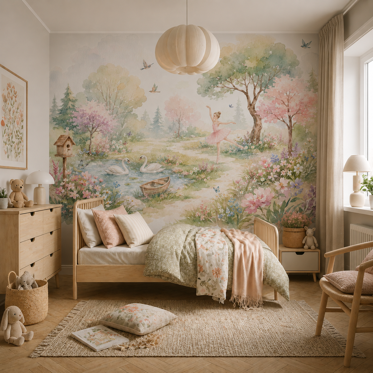 Ballerina and swan wall mural shown in a cozy girls bedroom with pastel flowers, trees and watercolor pond scenery.