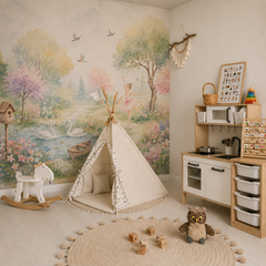 Ballet themed kids wallpaper with ballerina, swans, flowers and birds shown in a playroom with teepee and toy kitchen.