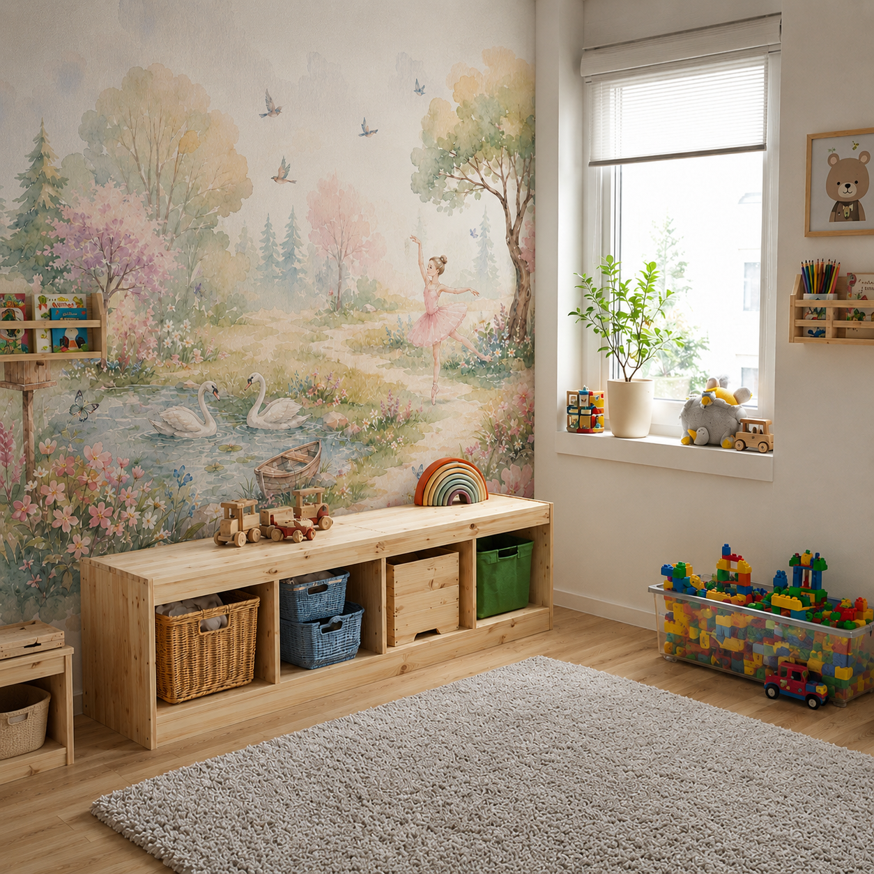 Watercolor ballerina wall mural displayed in a bright playroom with swans, pond, blooming forest and pastel flowers.