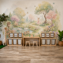 Watercolor ballerina wallpaper with swans, floral forest, birds, butterflies and a peaceful garden pond.
