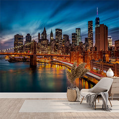 Custom Long Exposure New York City Skyline at Night Wallpaper Mural