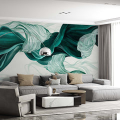 Custom Green Wave Wall Mural Art Smoke Fluid Alcohol Ink Wallpaper