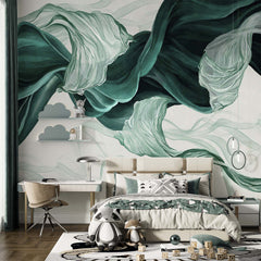 Custom Green Wave Wall Mural Art Smoke Fluid Alcohol Ink Wallpaper