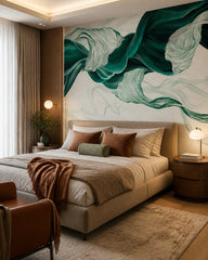 Emerald green flowing silk abstract wall mural in a designer bedroom.