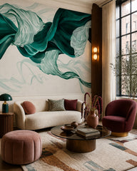 Emerald green flowing silk abstract wall mural in a designer living room.