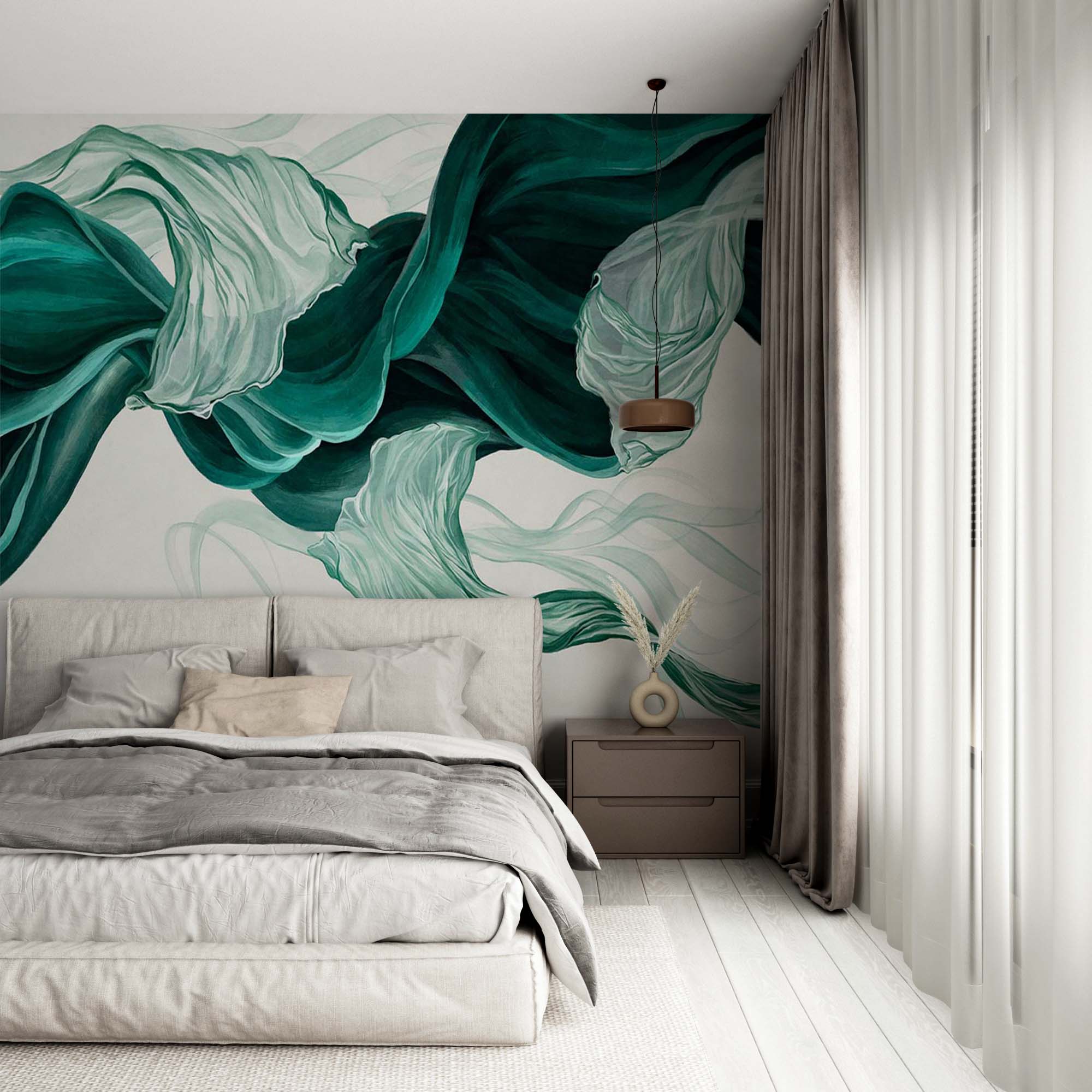 Green Wave Wall Mural Art Smoke Fluid Alcohol Ink Wallpaper