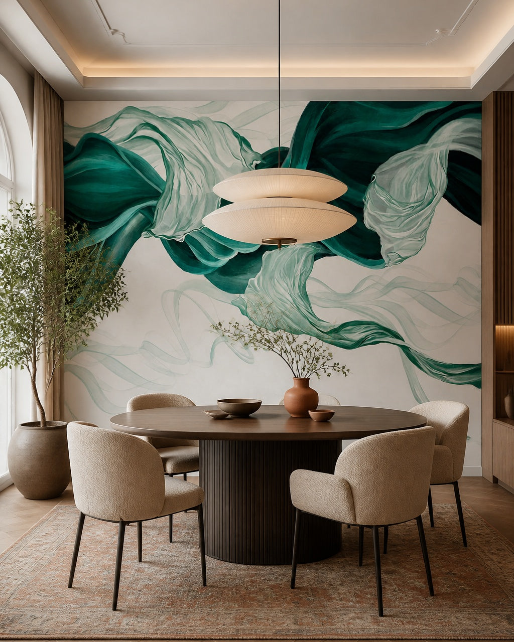 Emerald green flowing silk abstract wall mural in a refined dining area.