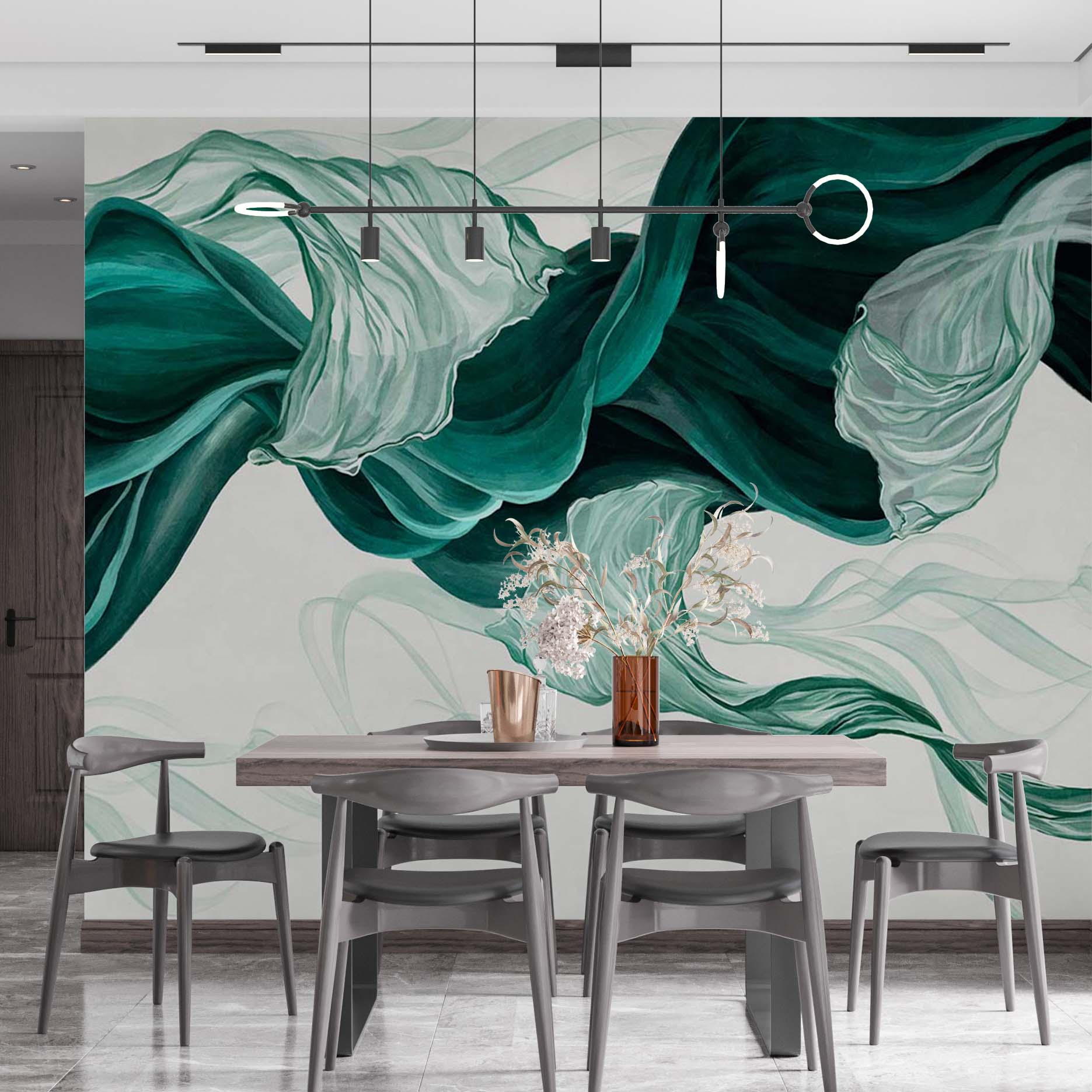 Green Wave Wall Mural Art Smoke Fluid Alcohol Ink Wallpaper