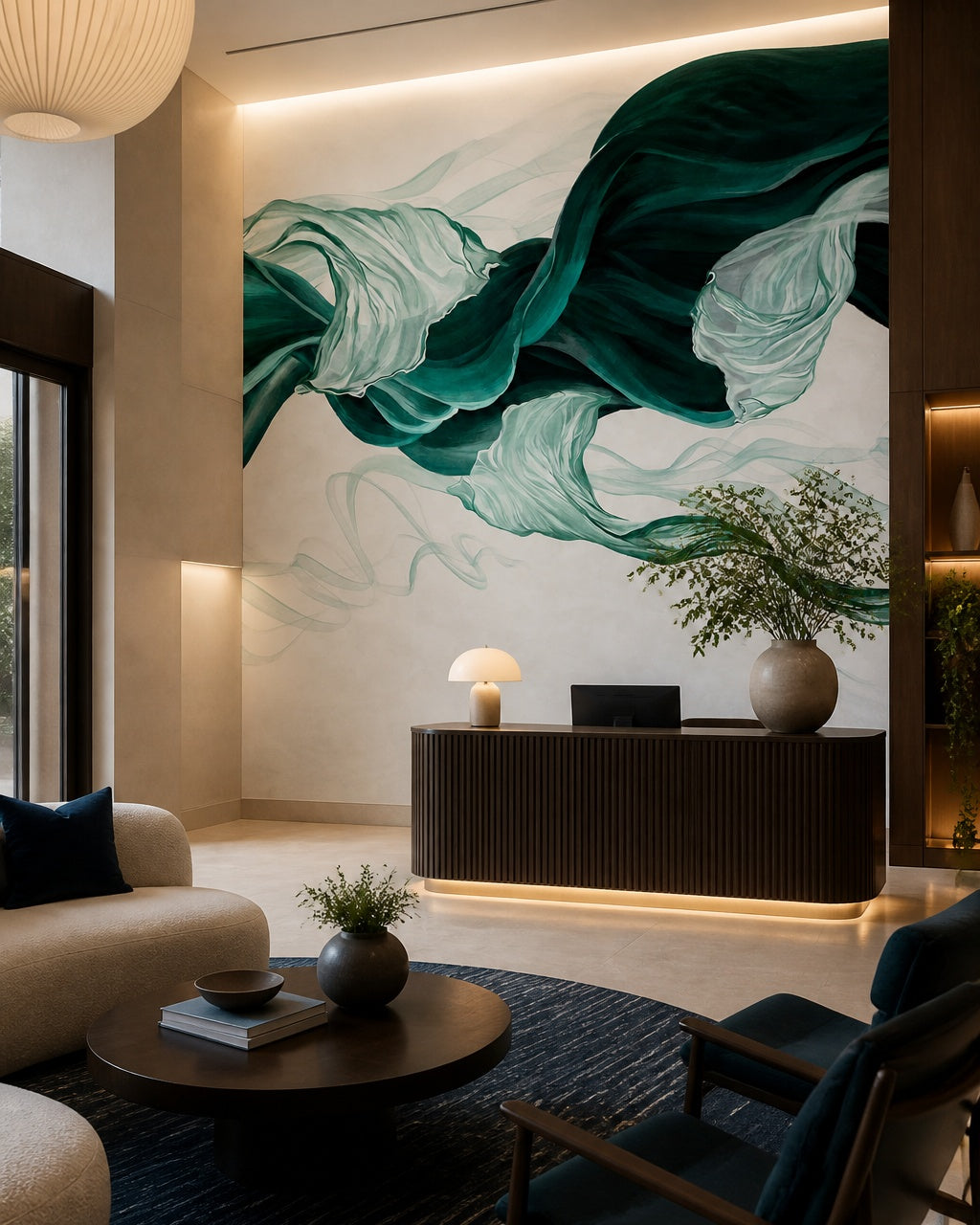 Emerald green flowing silk abstract wall mural in a boutique hotel lobby.