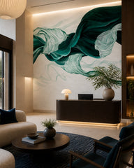 Emerald green flowing silk abstract wall mural in a boutique hotel lobby.