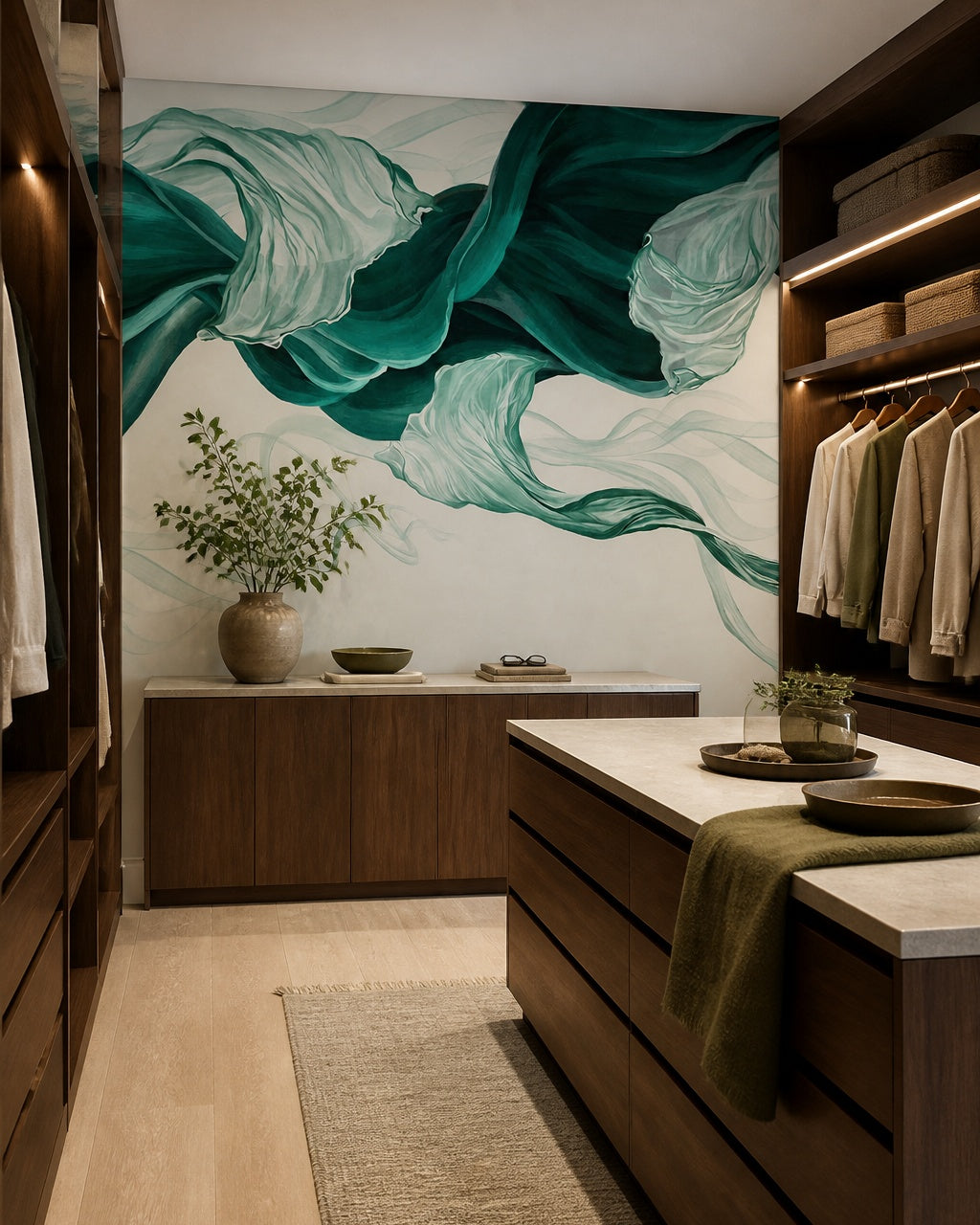 Emerald green flowing silk abstract wall mural in a walk-in wardrobe.