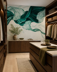 Emerald green flowing silk abstract wall mural in a walk-in wardrobe.