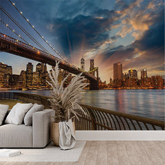 Custom City Sunset Wall Mural Blue and Purple Modern Cityscape Wallpaper