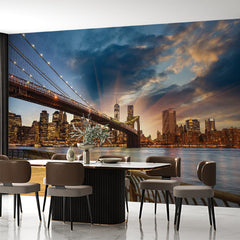 Custom City Sunset Wall Mural Blue and Purple Modern Cityscape Wallpaper