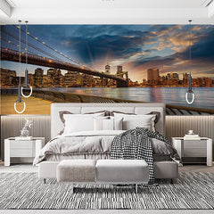 Custom City Sunset Wall Mural Blue and Purple Modern Cityscape Wallpaper