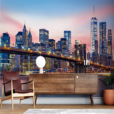 Custom New York City Skyline at Sunset Wall Mural - Brooklyn Bridge and Skyscrapers Wallpaper