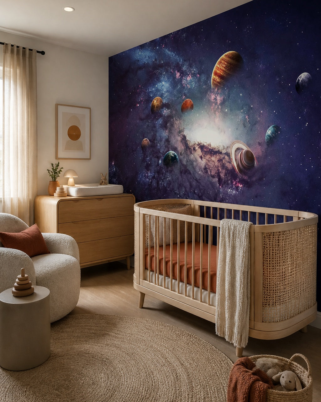 Outer space wallpaper in a modern nursery with a crib.