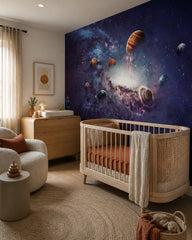 Outer space wallpaper in a modern nursery with a crib.