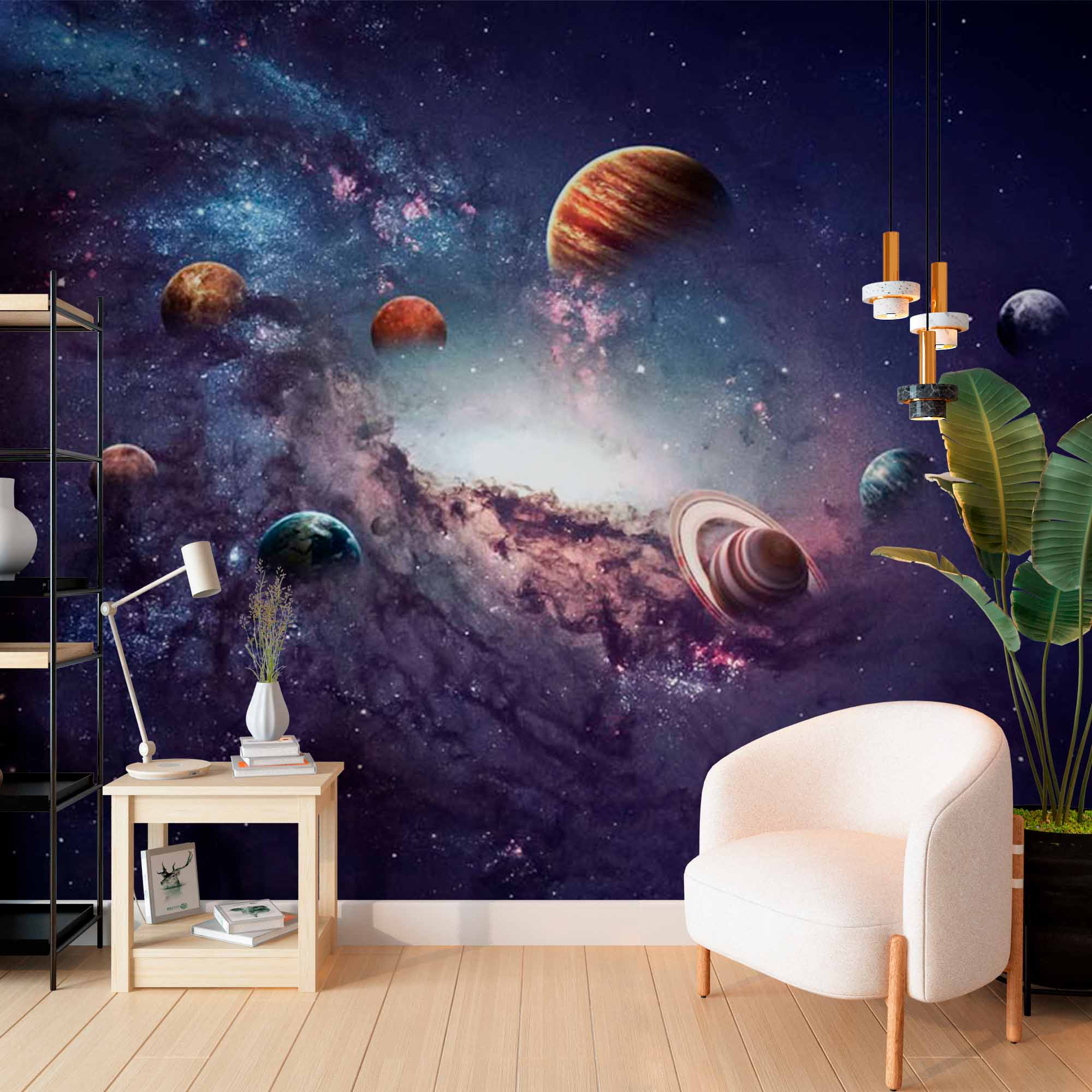 Stunning Outer Space Wall Mural Wallpaper Featuring Planets and Galaxy