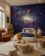 Outer space wallpaper in a toddler bedroom with a child-sized bed.