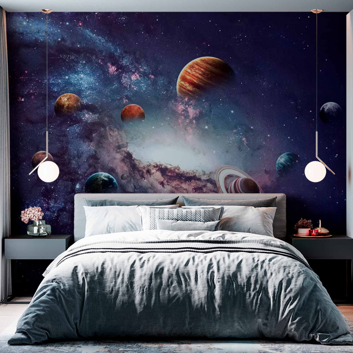 Stunning Outer Space Wall Mural Wallpaper Featuring Planets and Galaxy