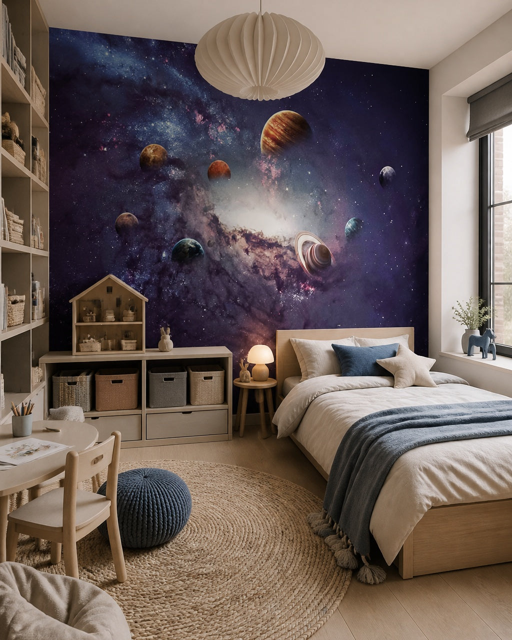 Outer space wallpaper in a girl’s bedroom.
