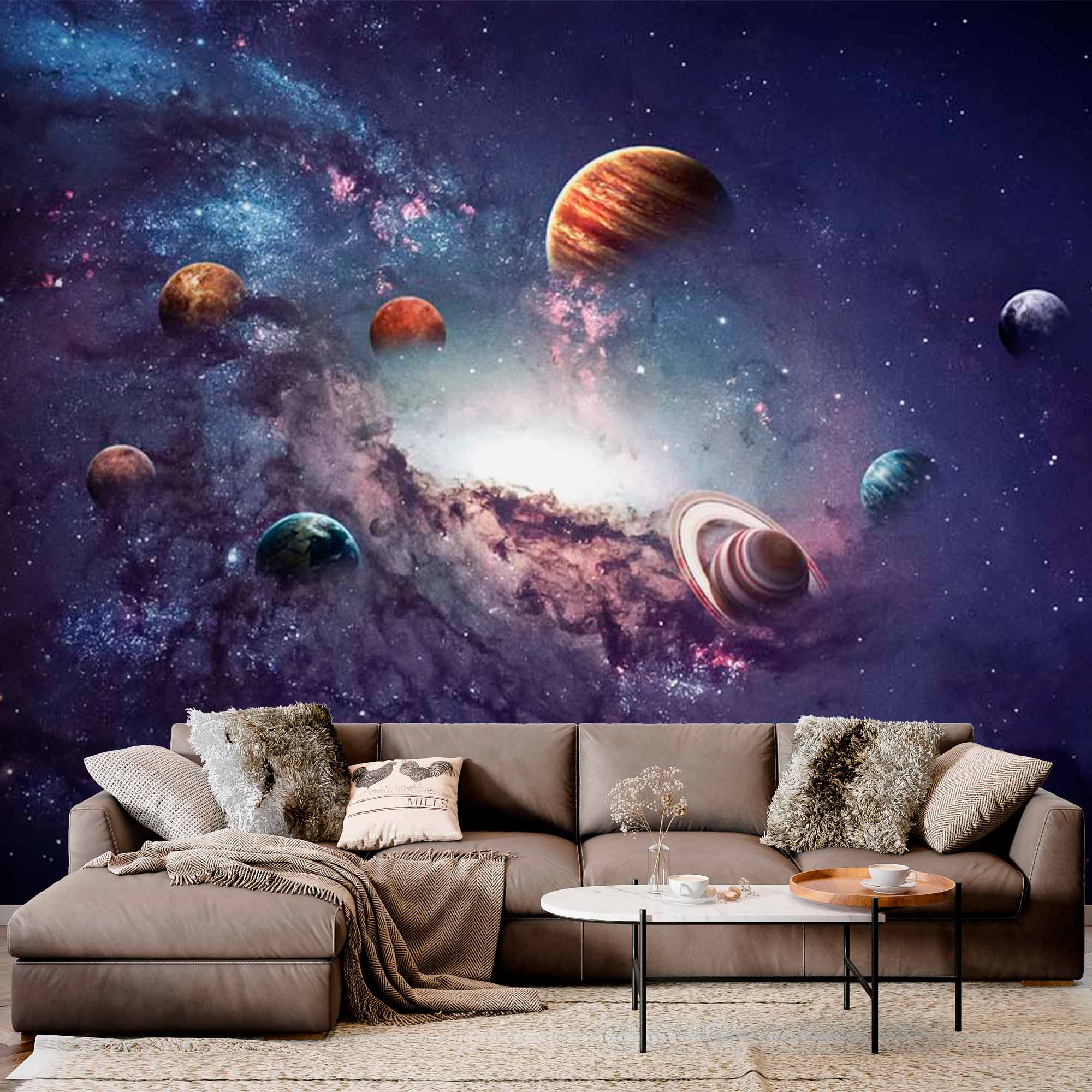 Stunning Outer Space Wall Mural Wallpaper Featuring Planets and Galaxy