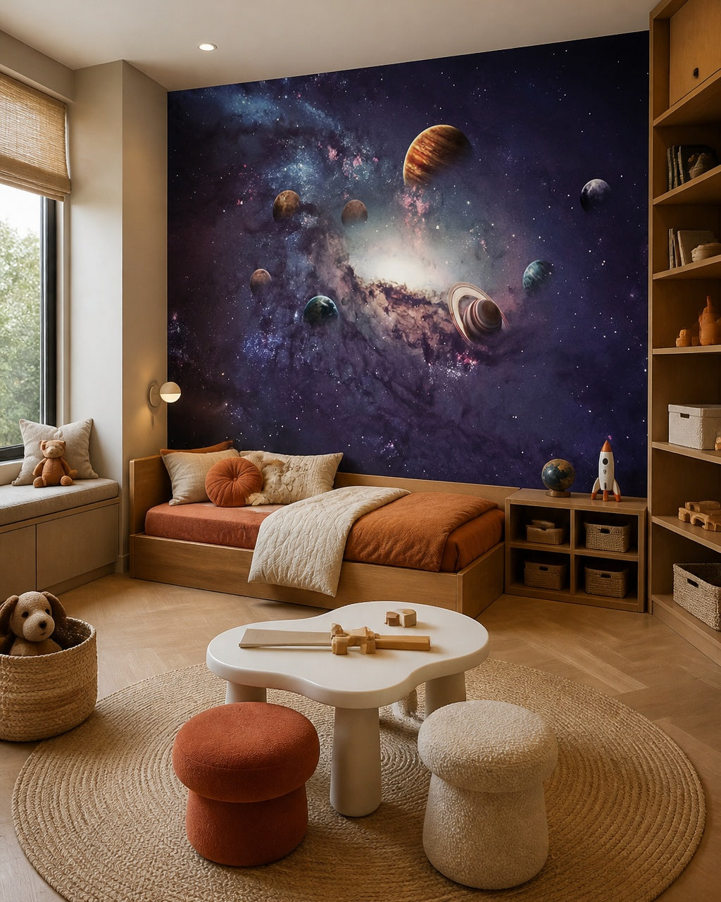 Outer space wallpaper in a boy’s bedroom.