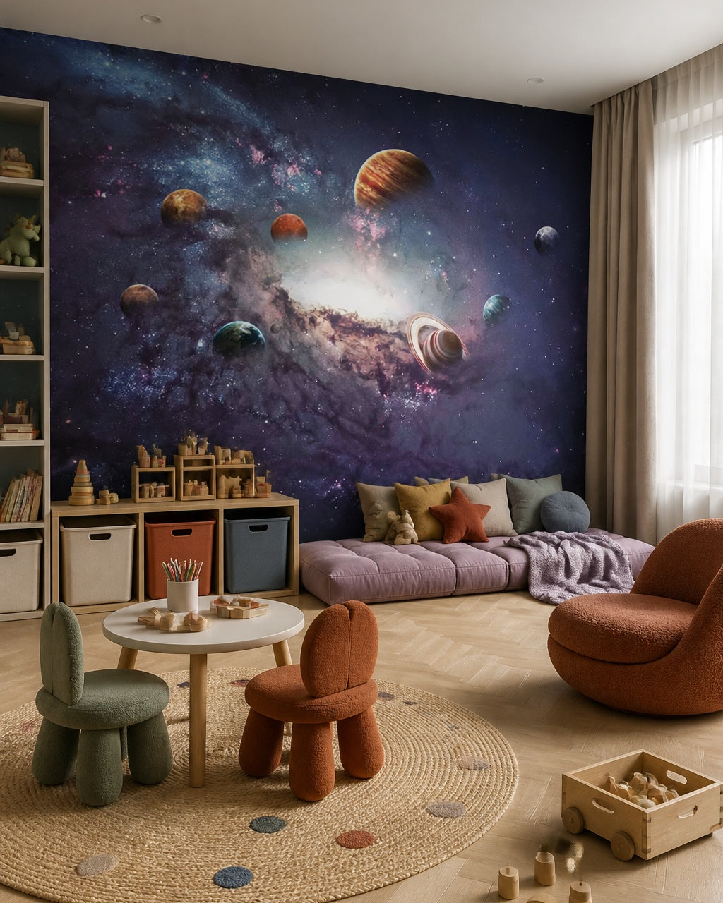 Outer space wallpaper in a children’s playroom.