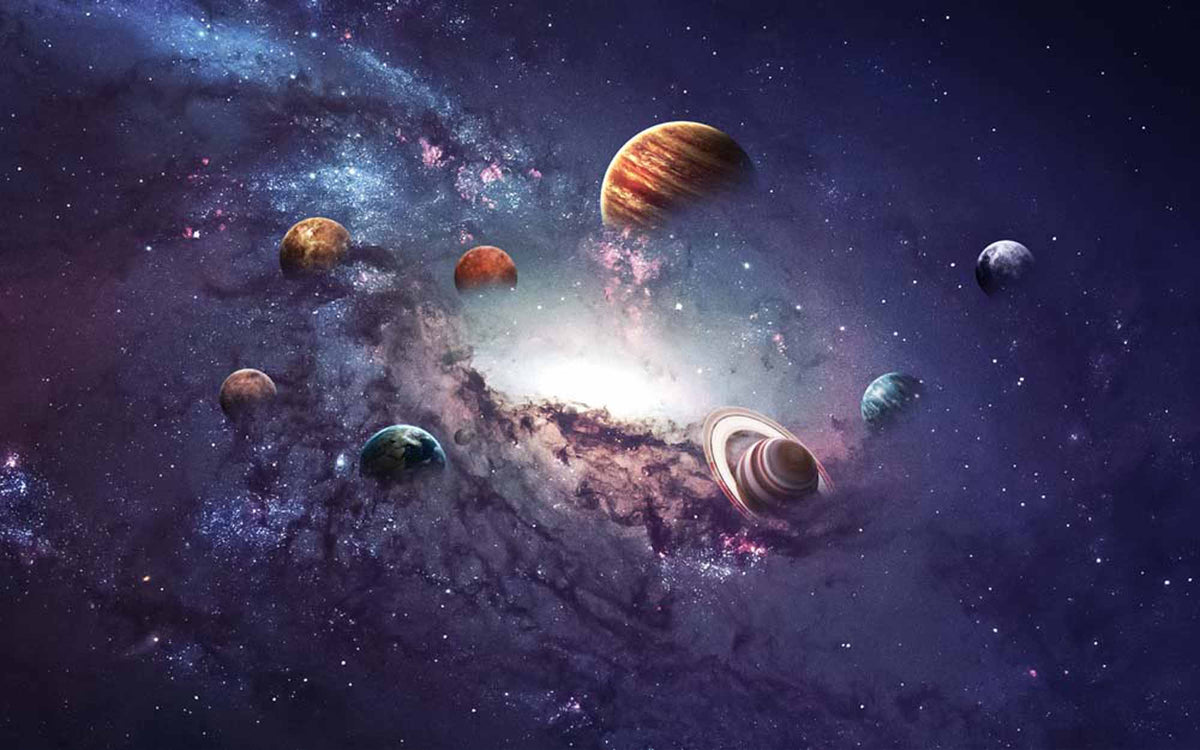 Fototapete Weltraum – Violette Galaxie mit Planeten
